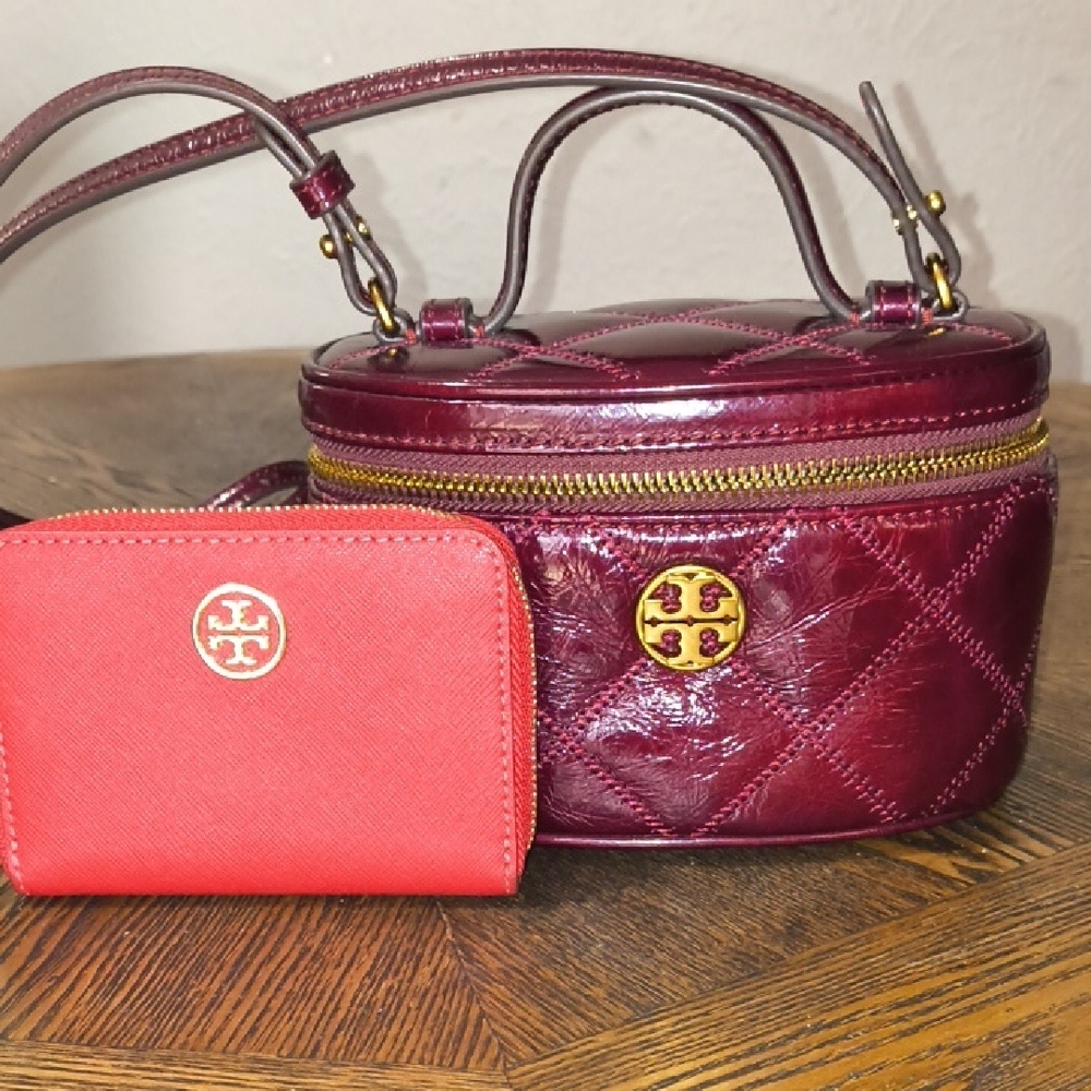 Tory Burch Burgundy Quilted Mini Kira Vanity With Dark Red Wallet